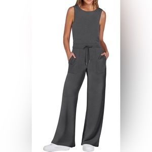 Sleeveless gray jumpsuit drawstring waistline athletic casual dressy comfy
